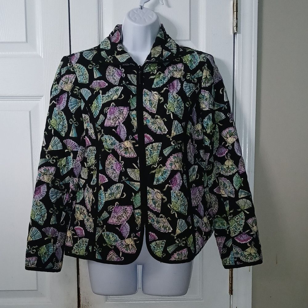 R.Q.T.  light weight Chinese folding fan print quilted jacket Sz S EUC